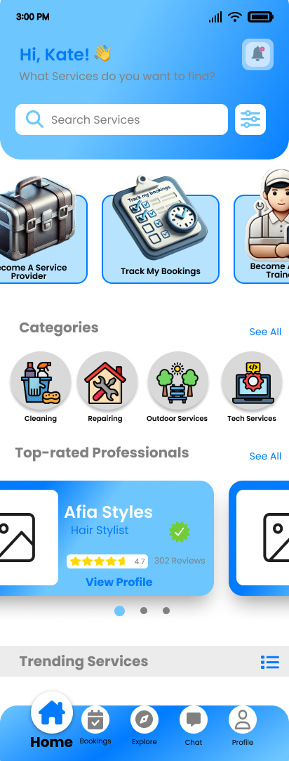 Initial ServEase home screen