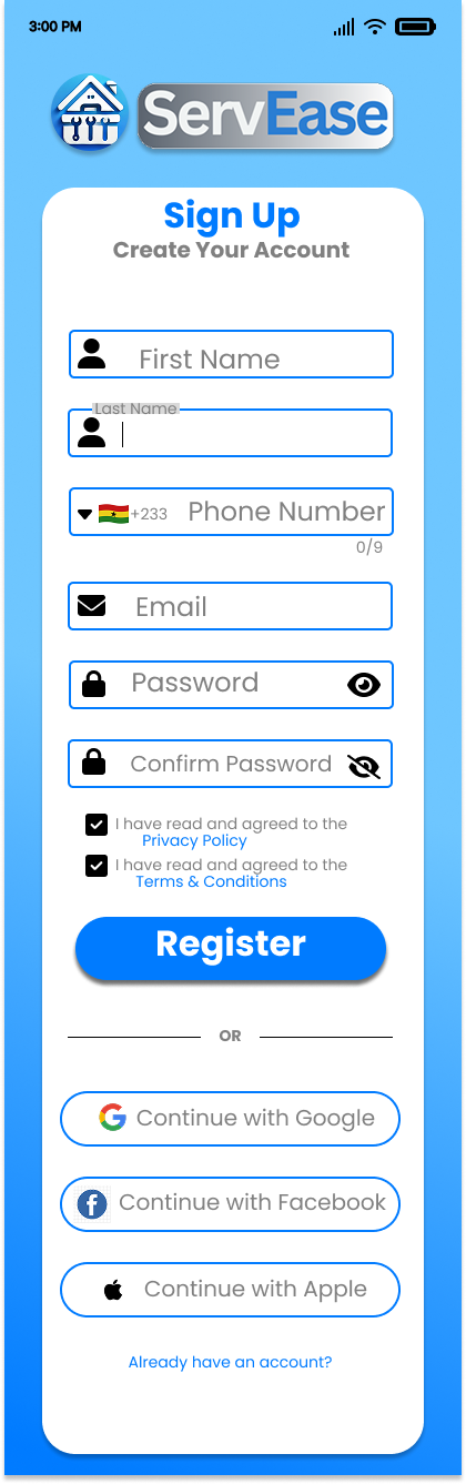 Initial ServEase signup screen