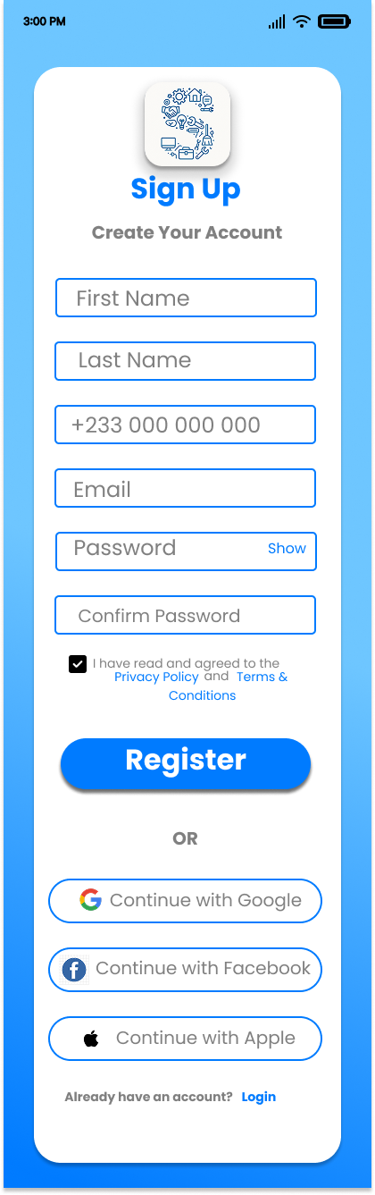 ServEase signup screen